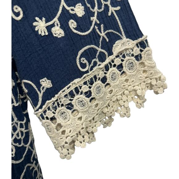 Boho Crochet Lace Peasant Top L Navy Cotton Embroidered Cottagecore Festival - Picture 3 of 7